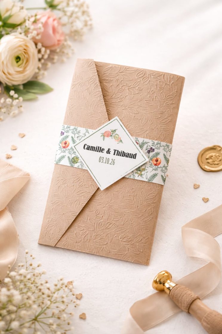 faire-part de mariage kraft et embossage feuille